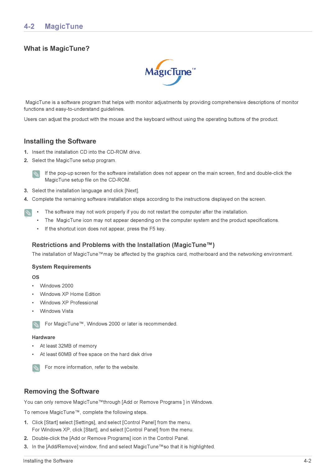 Samsung P2070H, P2270H user manual What is MagicTune?, Installing the Software, Removing the Software, Hardware 