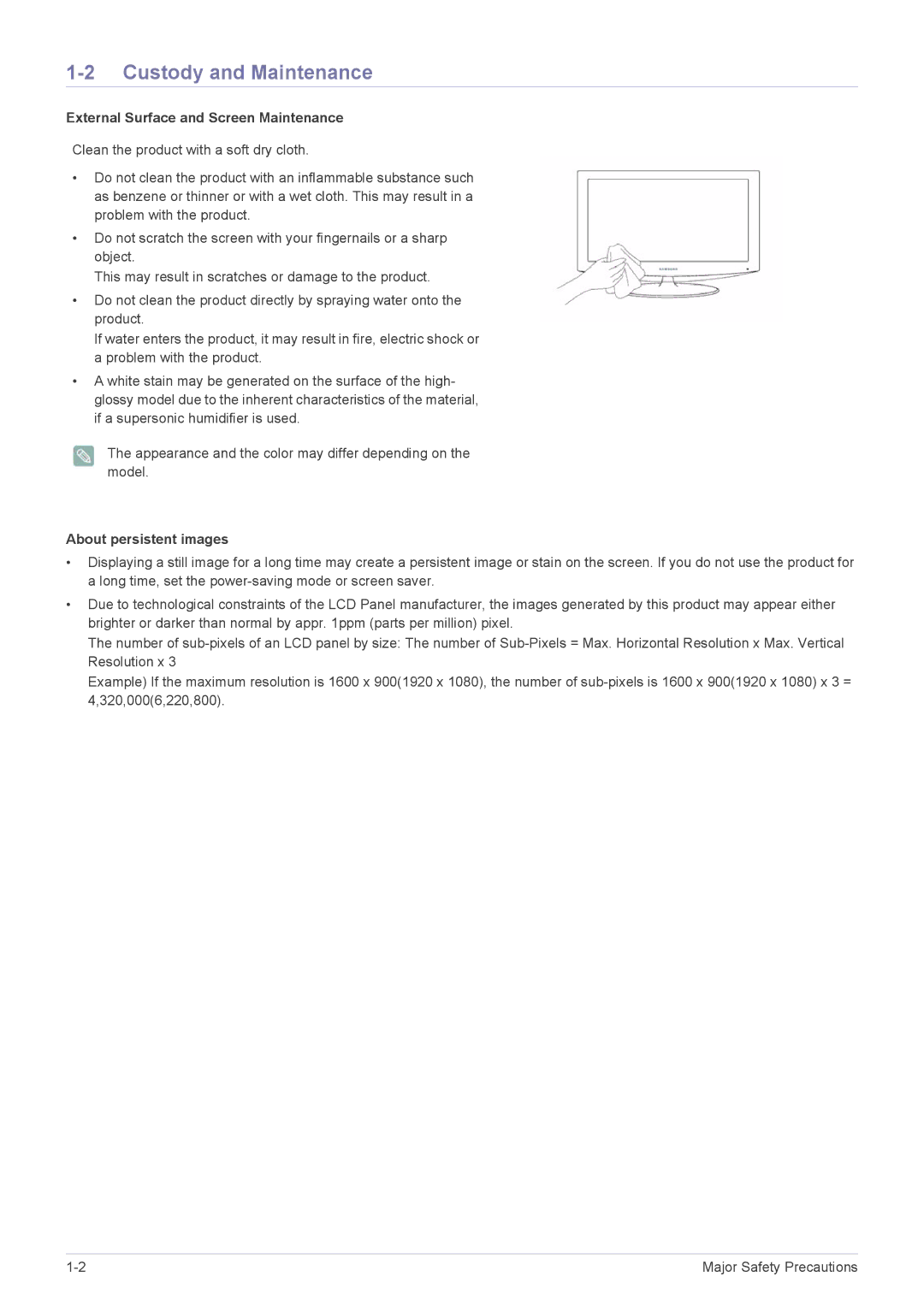 Samsung P2270H, P2070H user manual Custody and Maintenance, External Surface and Screen Maintenance, About persistent images 