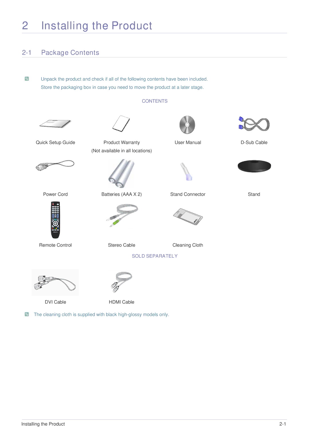 Samsung P2270HD, P2370HD user manual Installing the Product, Package Contents 