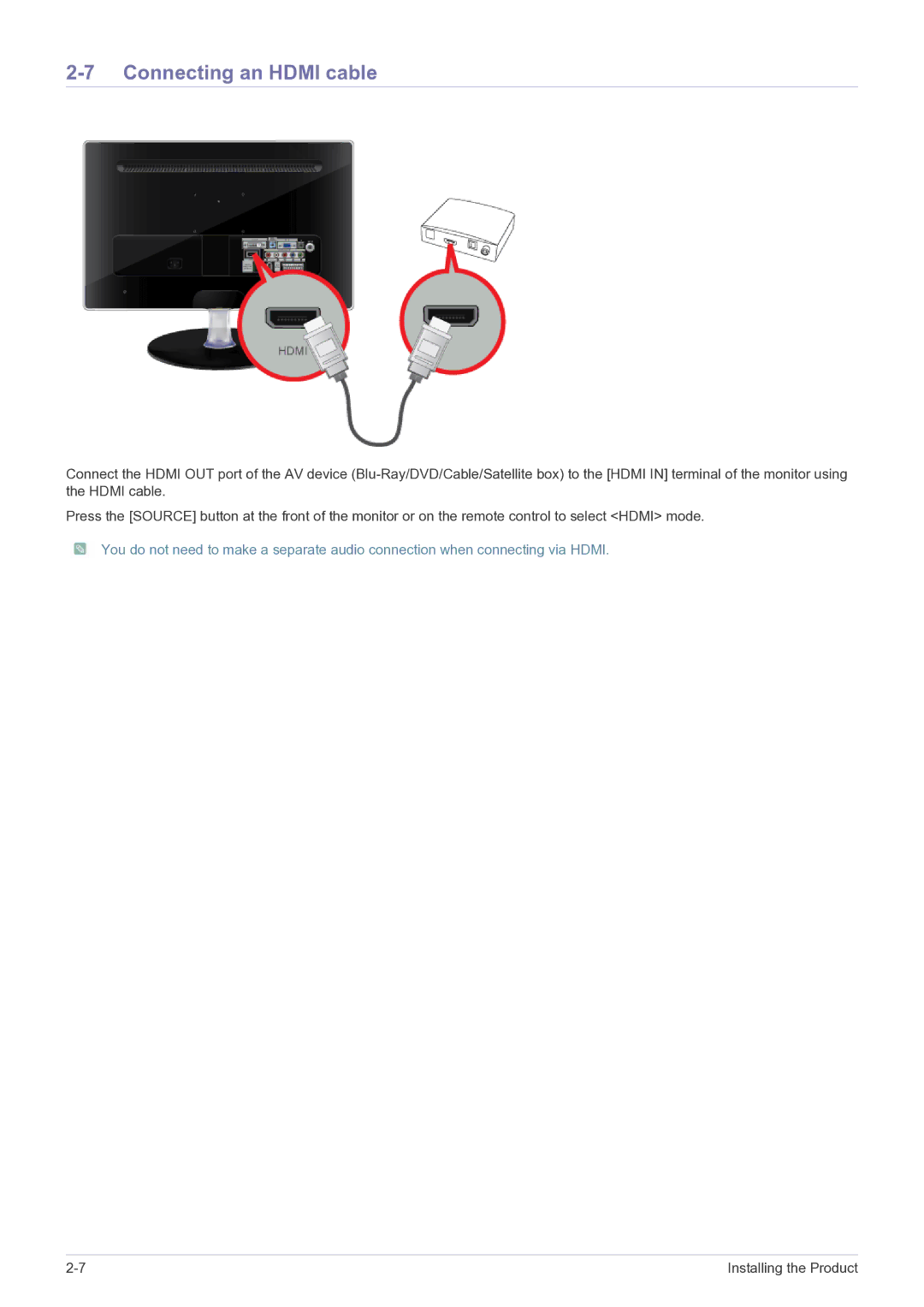 Samsung P2370HD, P2270HD user manual Connecting an Hdmi cable 