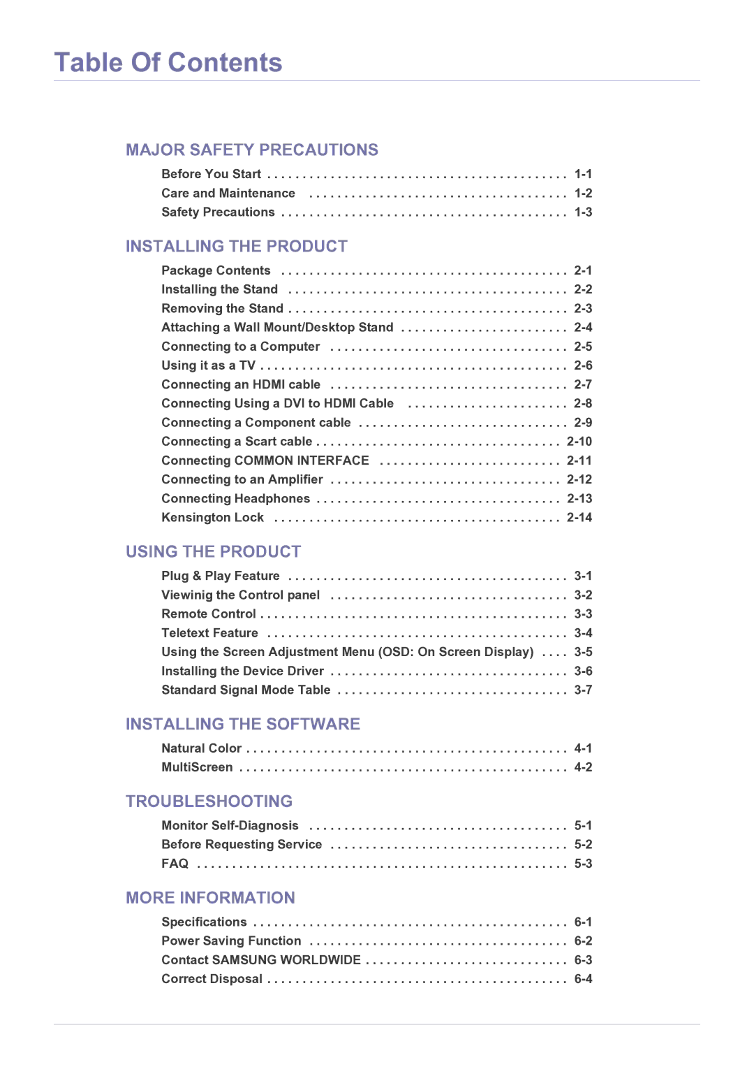 Samsung P2270HD, P2370HD user manual Table Of Contents 