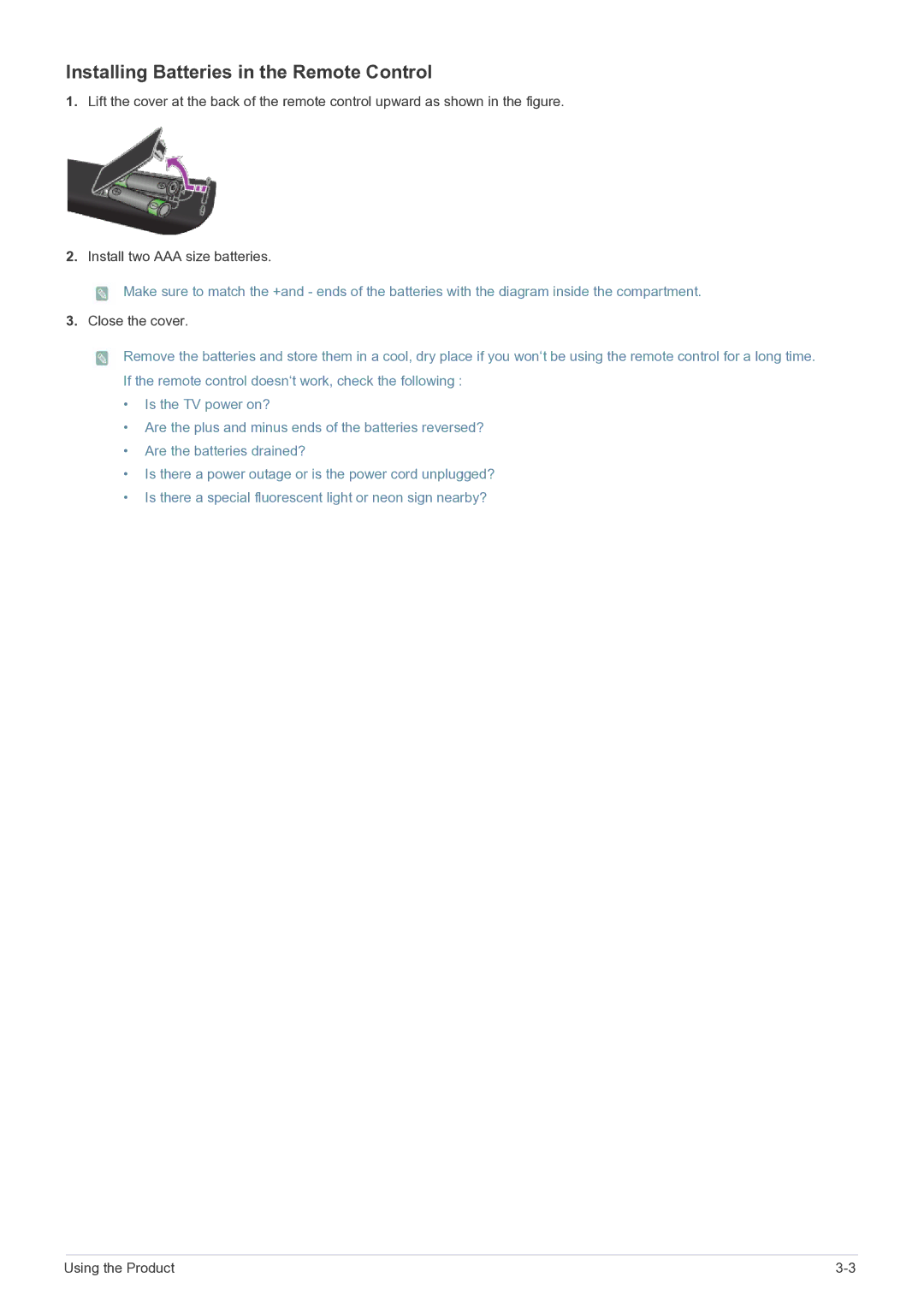 Samsung P2270HD, P2370HD user manual Installing Batteries in the Remote Control 