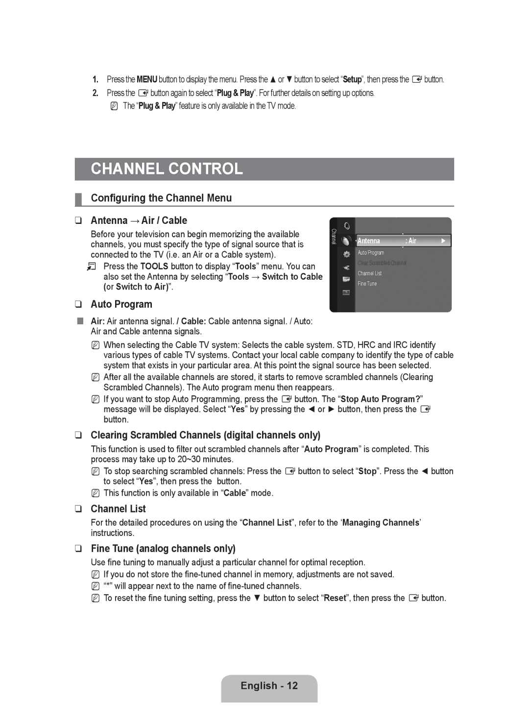 Samsung P2370HD user manual Configuring the Channel Menu, Auto Program, Clearing Scrambled Channels digital channels only 