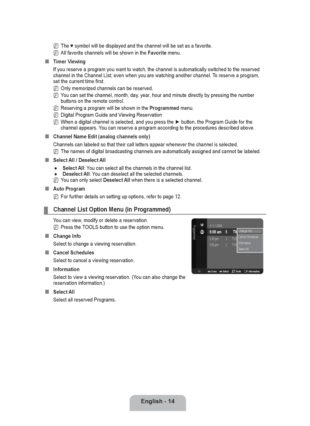 Samsung P2370HD user manual Channel List Option Menu in Programmed 