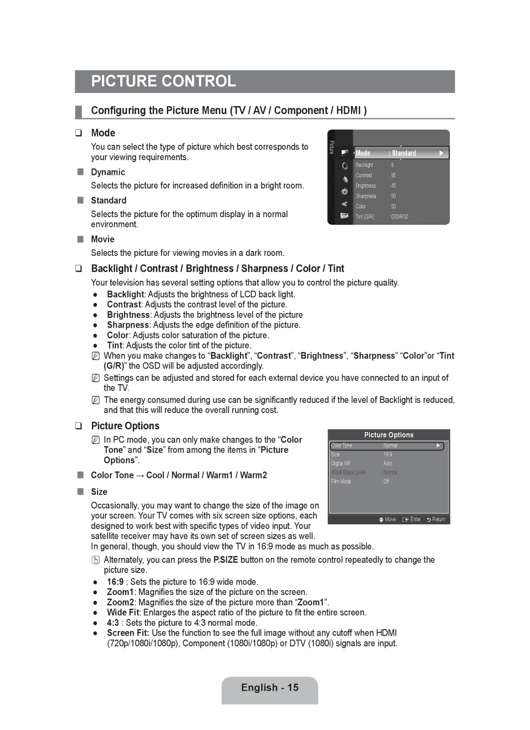 Samsung P2370HD user manual Picture Control, Configuring the Picture Menu TV / AV / Component / Hdmi, Mode 