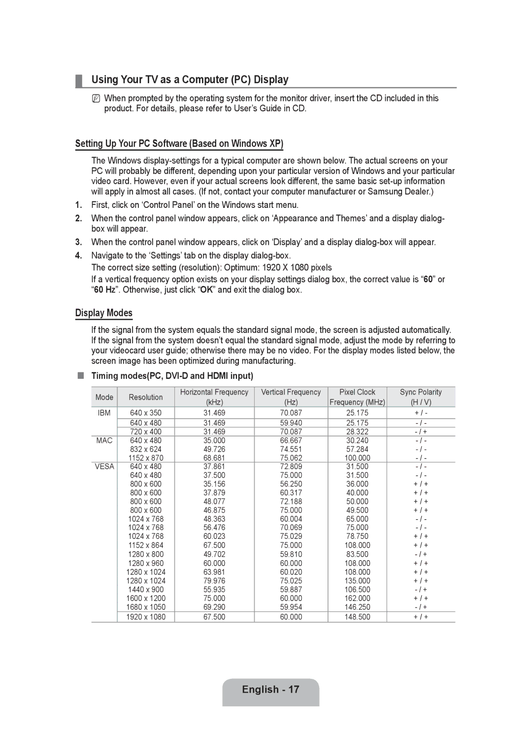 Samsung P2370HD Using Your TV as a Computer PC Display, Setting Up Your PC Software Based on Windows XP, Display Modes 