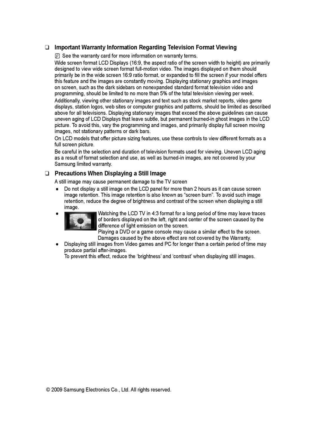 Samsung P2370HD user manual Precautions When Displaying a Still Image, Difference of light emission on the screen 