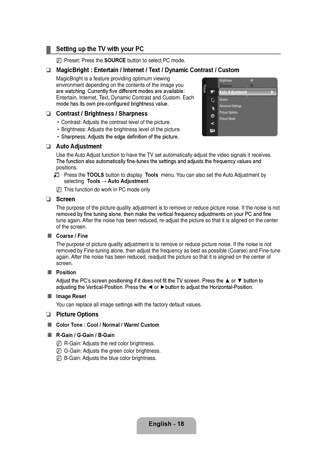 Samsung P2370HD user manual Setting up the TV with your PC, Contrast / Brightness / Sharpness, Auto Adjustment, Screen 