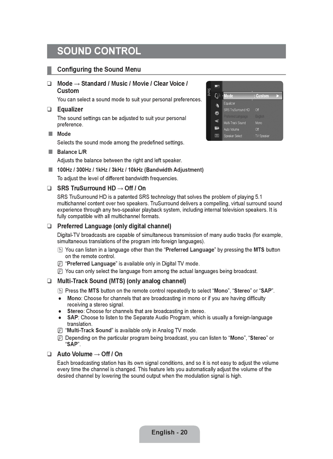 Samsung P2370HD user manual Sound Control, Configuring the Sound Menu 