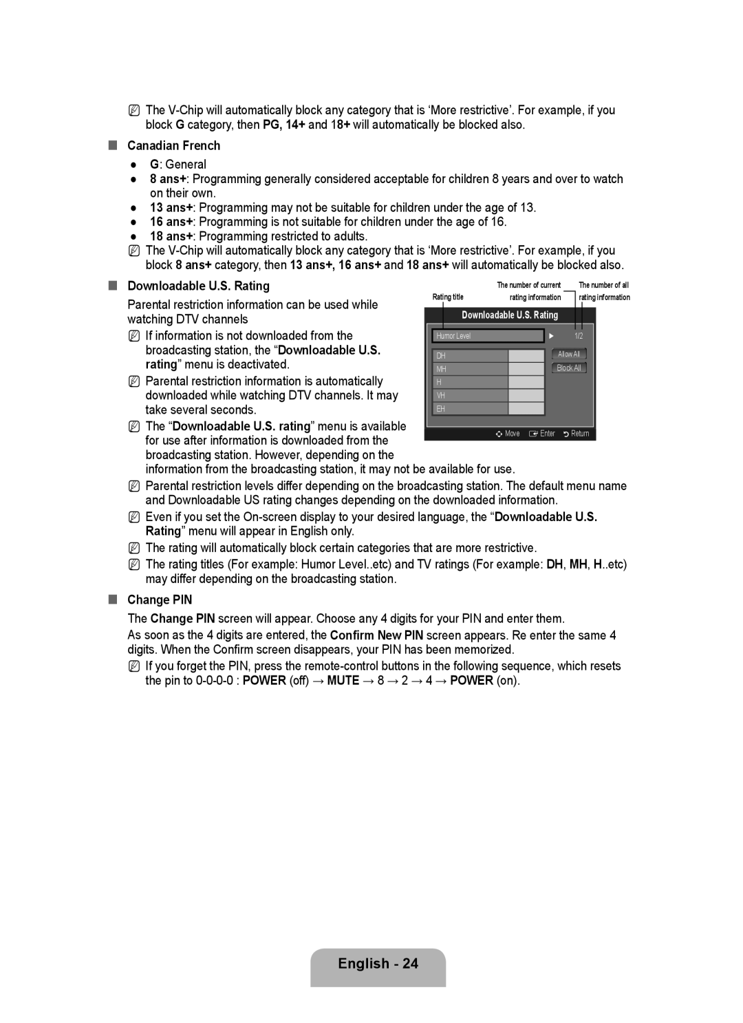 Samsung P2370HD user manual Canadian French, Downloadable U.S. Rating, „„ Change PIN 