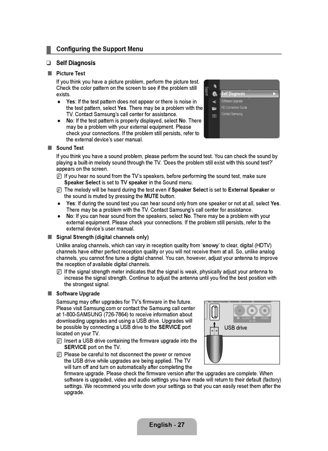 Samsung P2370HD user manual Configuring the Support Menu, Self Diagnosis 