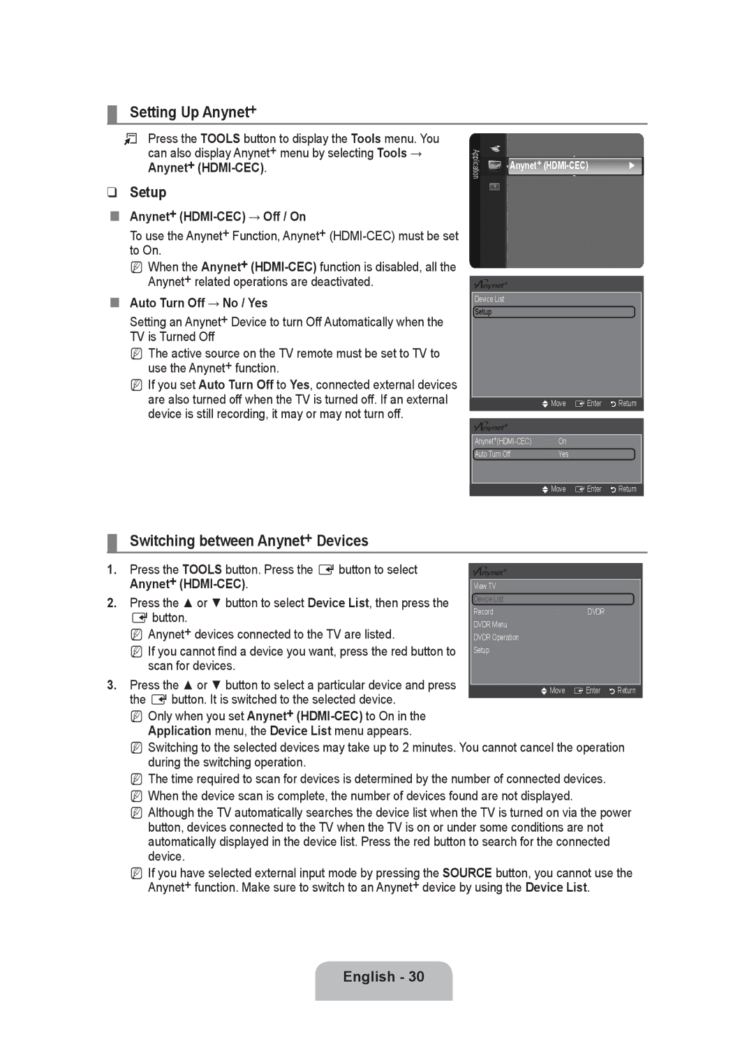 Samsung P2370HD user manual Setting Up Anynet+, Switching between Anynet+ Devices, Setup, Anynet+ HDMI-CEC 