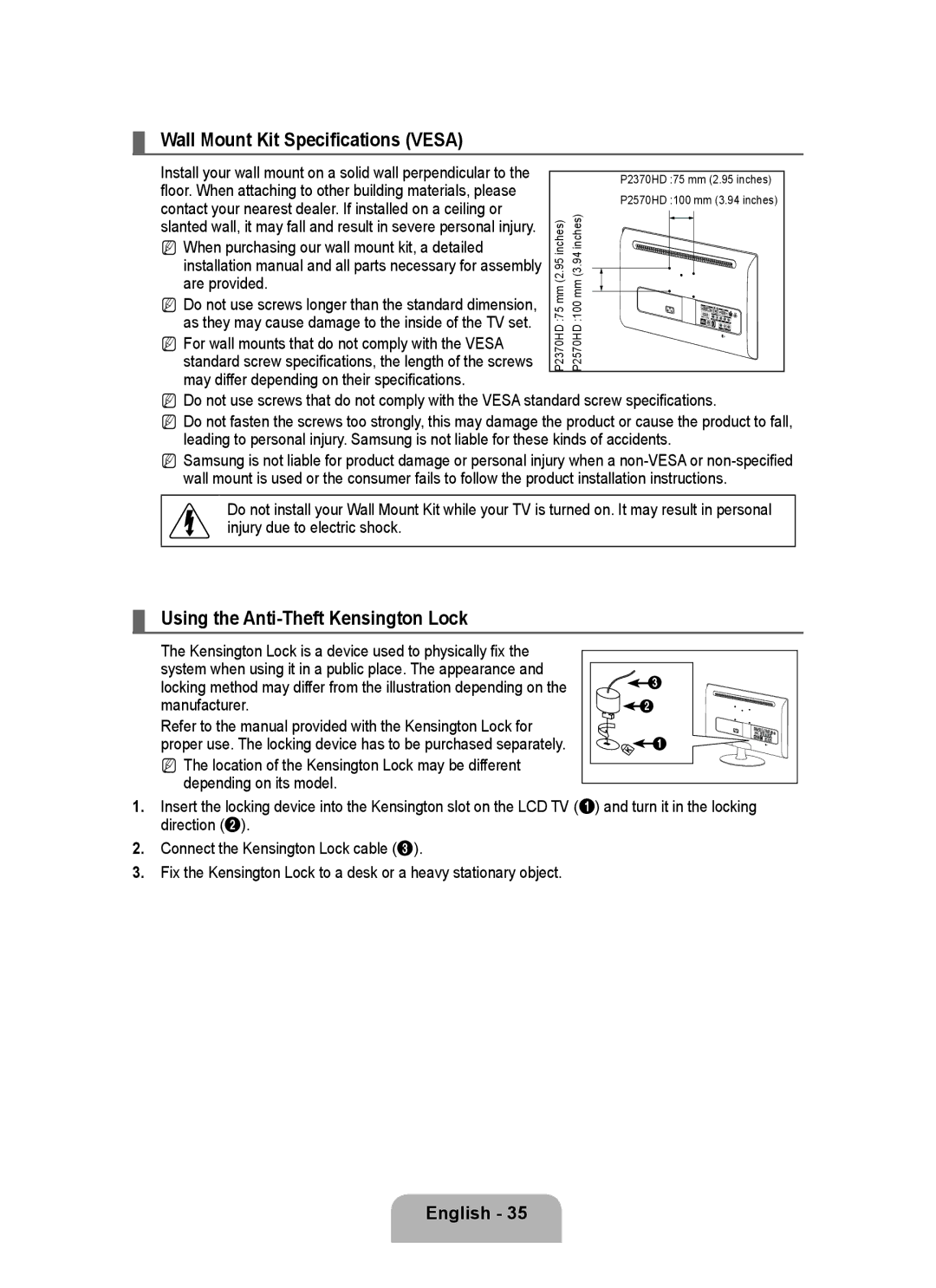 Samsung P2370HD user manual Wall Mount Kit Specifications Vesa, Using the Anti-Theft Kensington Lock 