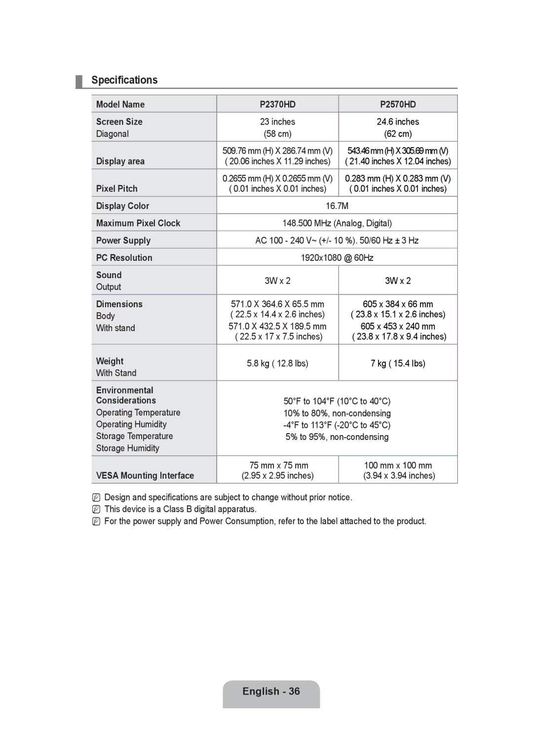 Samsung P2370HD user manual Specifications 