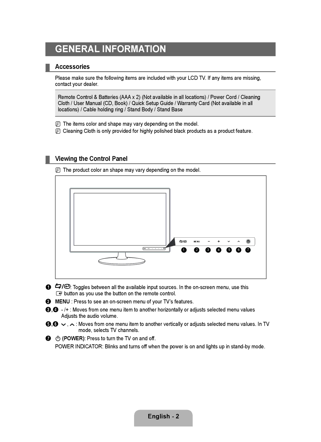 Samsung P2370HD user manual General Information, Accessories, Viewing the Control Panel, English 