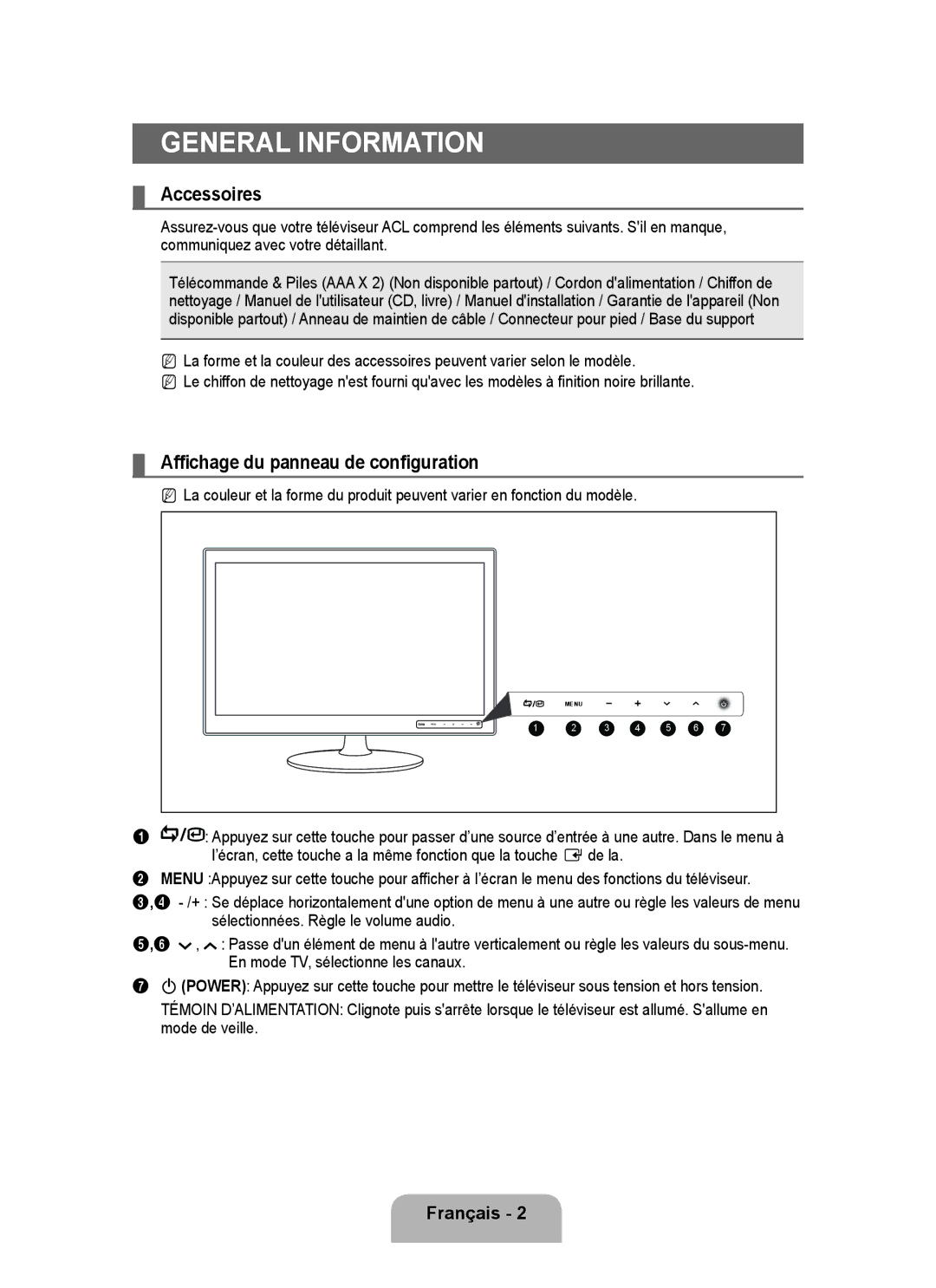 Samsung P2370HD user manual Accessoires, Affichage du panneau de configuration, Français 