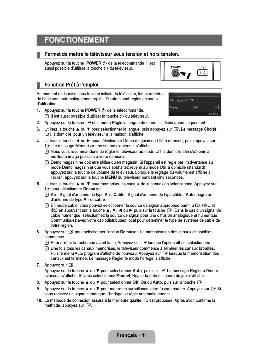 Samsung P2370HD Fonctionement, Permet de mettre le téléviseur sous tension et hors tension, Fonction Prêt à I’emploi 