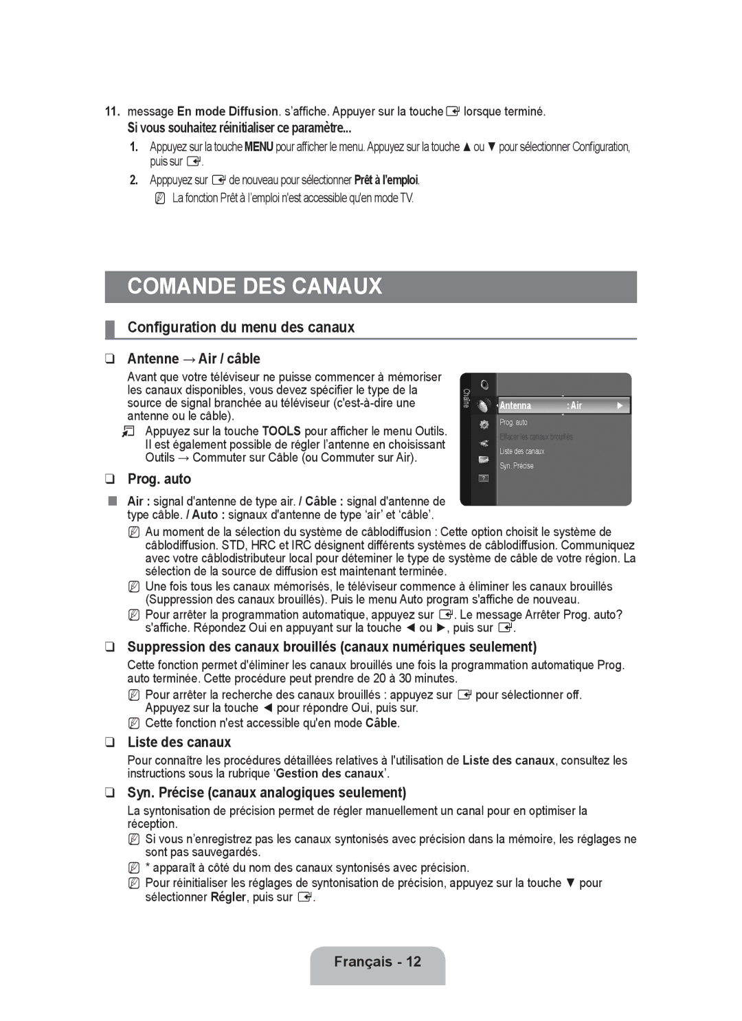 Samsung P2370HD user manual Comande des canaux, Configuration du menu des canaux, Prog. auto 