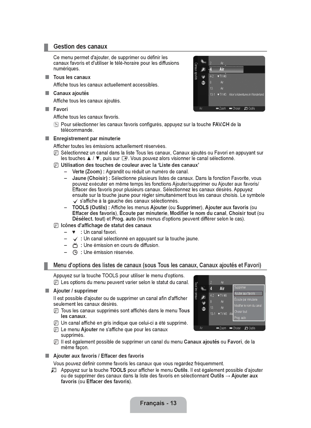 Samsung P2370HD user manual Gestion des canaux, „„ Enregistrement par minuterie, Favoris ou Effacer des favoris 