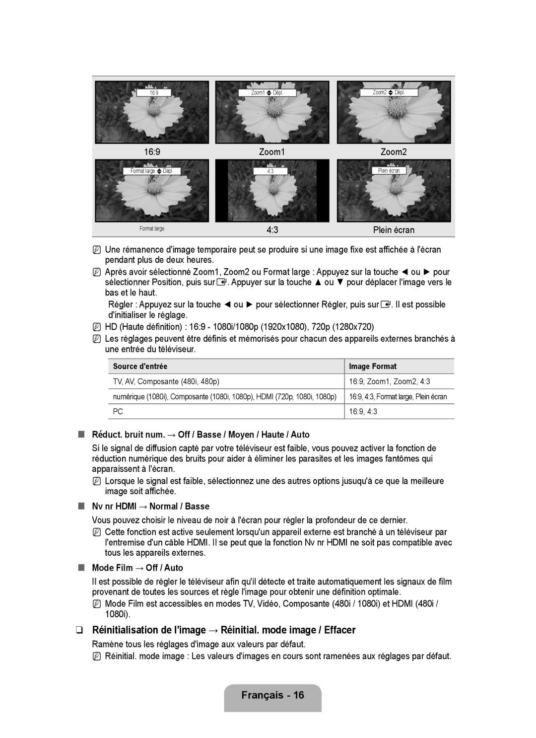 Samsung P2370HD user manual „„ Réduct. bruit num. → Off / Basse / Moyen / Haute / Auto, „„ Nv nr Hdmi → Normal / Basse 