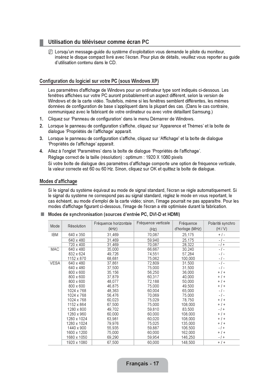 Samsung P2370HD Utilisation du téléviseur comme écran PC, Configuration du logiciel sur votre PC sous Windows XP 