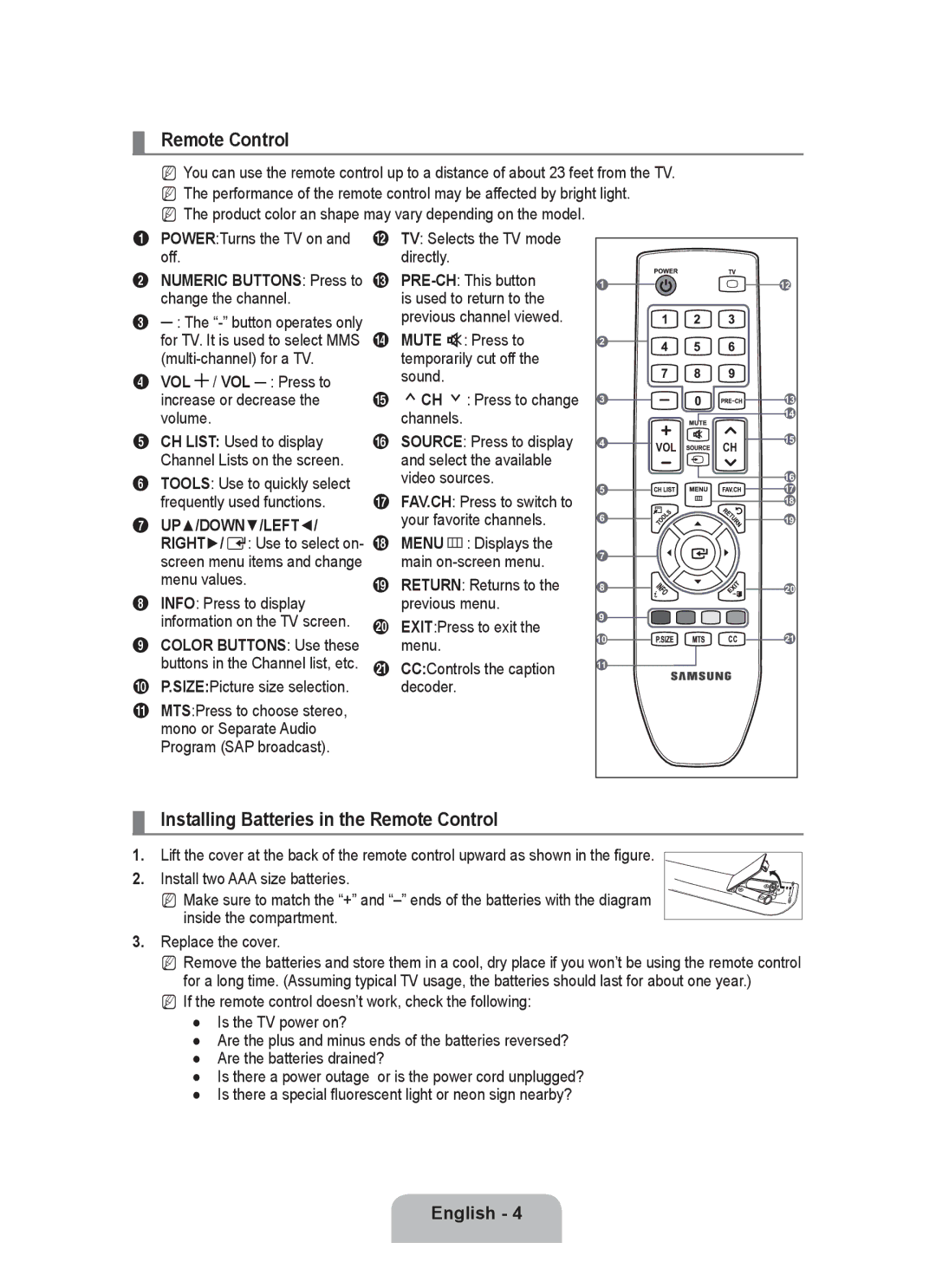 Samsung P2370HD user manual Installing Batteries in the Remote Control 