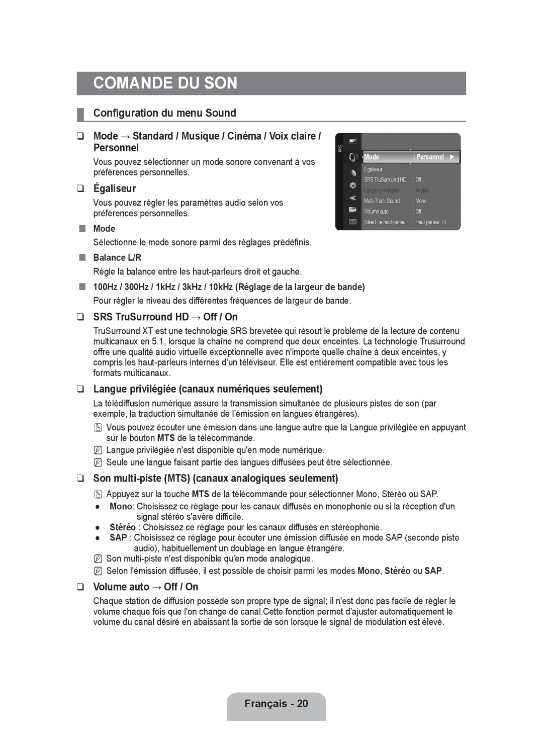 Samsung P2370HD user manual Comande du son, Langue privilégiée canaux numériques seulement, Volume auto → Off / On 