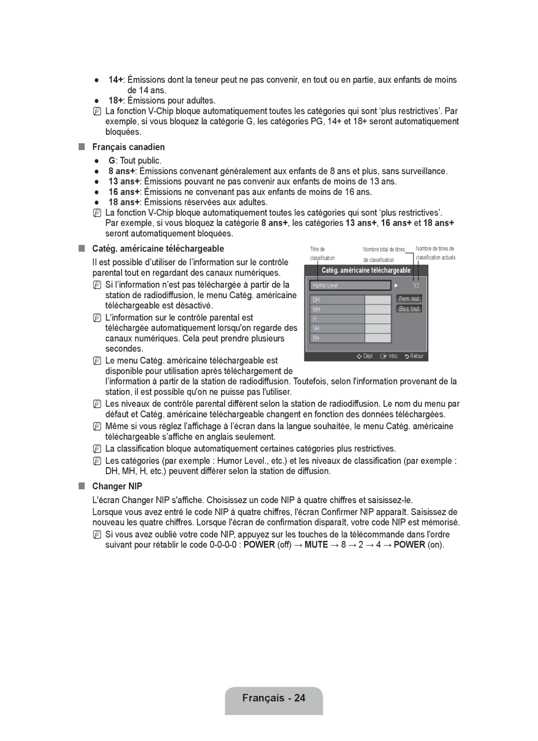 Samsung P2370HD user manual „„ Français canadien, „„ Catég. américaine téléchargeable, „„ Changer NIP 