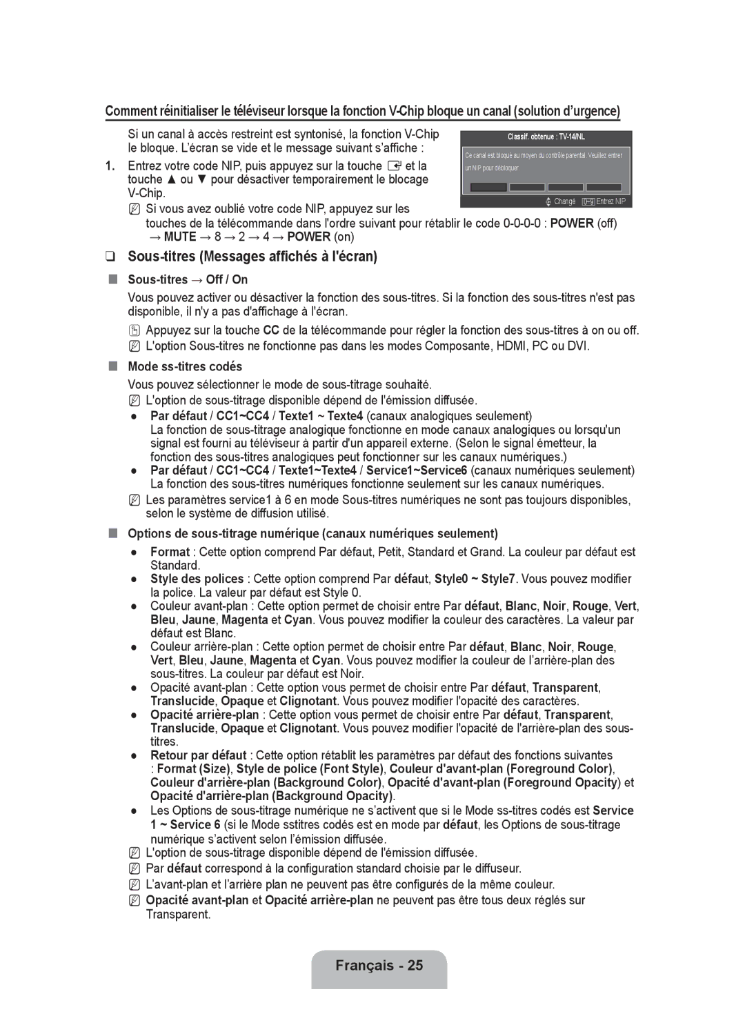 Samsung P2370HD user manual Sous-titres Messages affichés à lécran, „„ Sous-titres → Off / On, „„ Mode ss-titres codés 