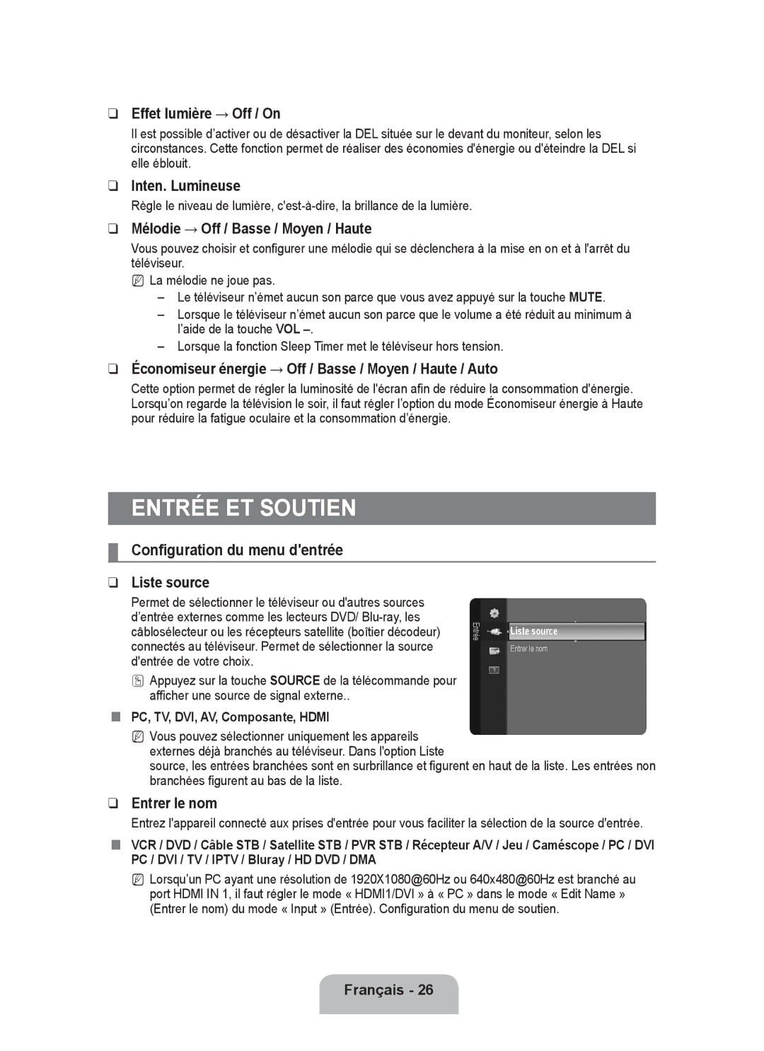 Samsung P2370HD user manual Entrée et soutien, Configuration du menu dentrée, Inten. Lumineuse, Liste source, Entrer le nom 