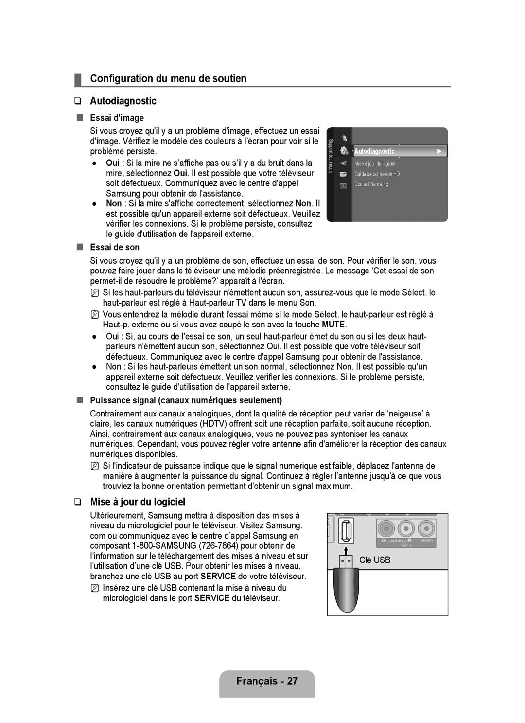 Samsung P2370HD user manual Configuration du menu de soutien, Autodiagnostic, Mise à jour du logiciel 