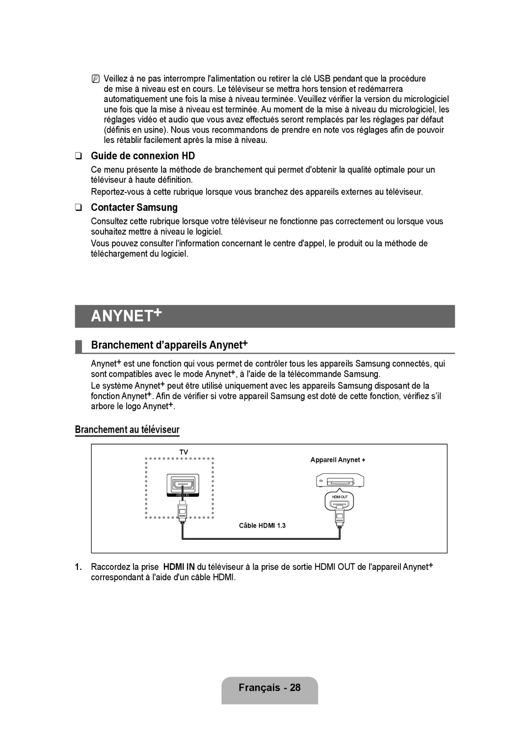 Samsung P2370HD Branchement d’appareils Anynet+, Guide de connexion HD, Contacter Samsung, Branchement au téléviseur 