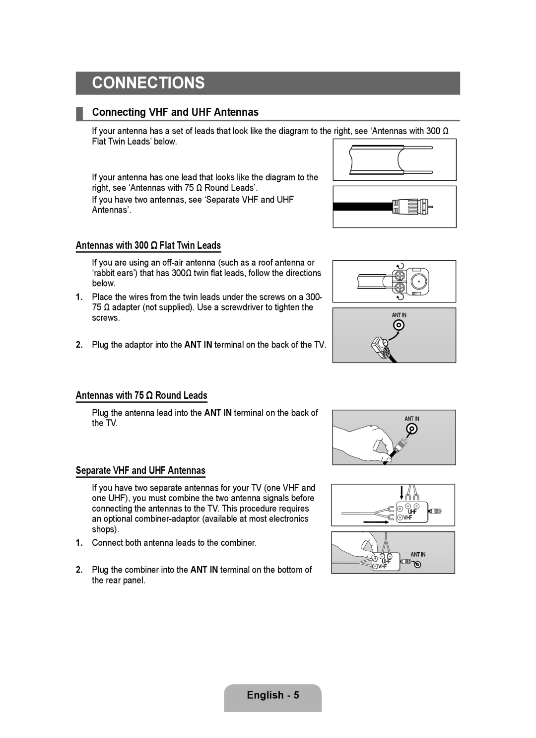 Samsung P2370HD user manual Connections, Connecting VHF and UHF Antennas, Antennas with 300 Ω Flat Twin Leads 