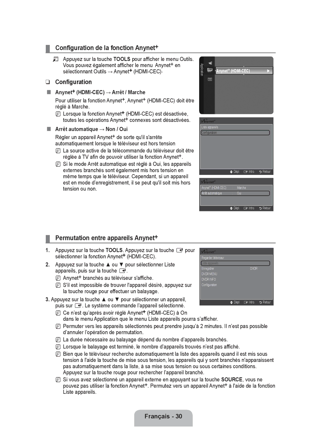 Samsung P2370HD user manual Configuration de la fonction Anynet+, Permutation entre appareils Anynet+ 