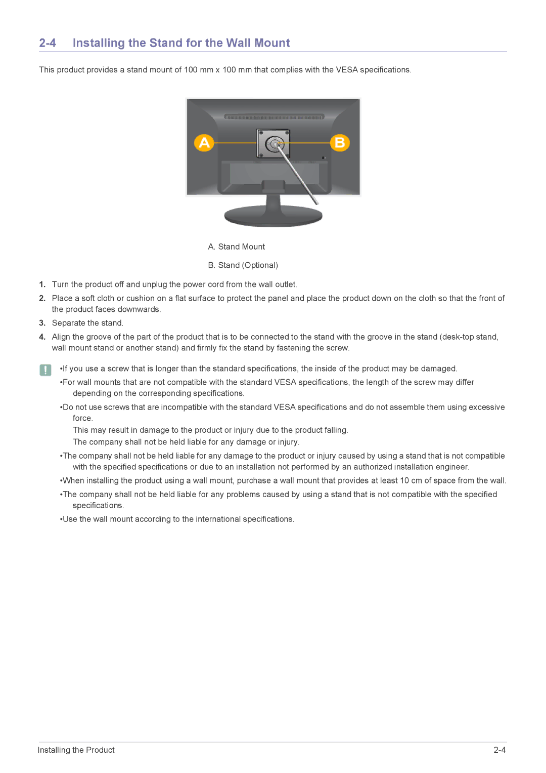 Samsung P2450H user manual Installing the Stand for the Wall Mount 