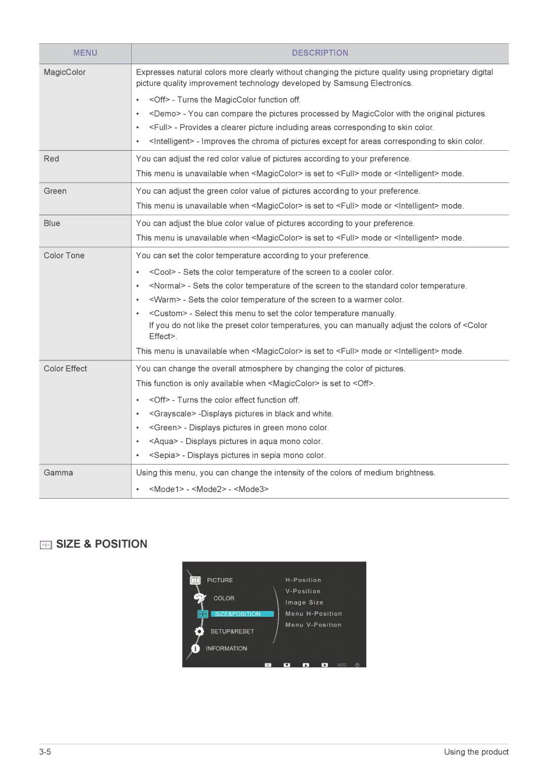 Samsung P2450H user manual Size & Position 