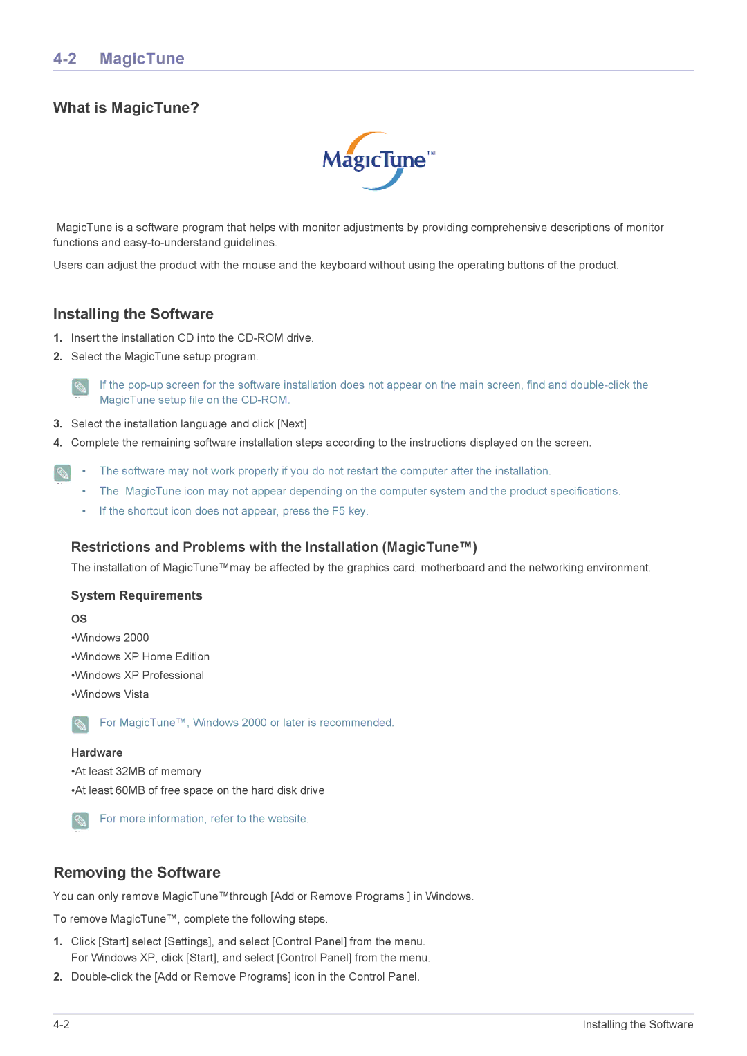 Samsung P2450H user manual What is MagicTune?, Installing the Software, Removing the Software, Hardware 