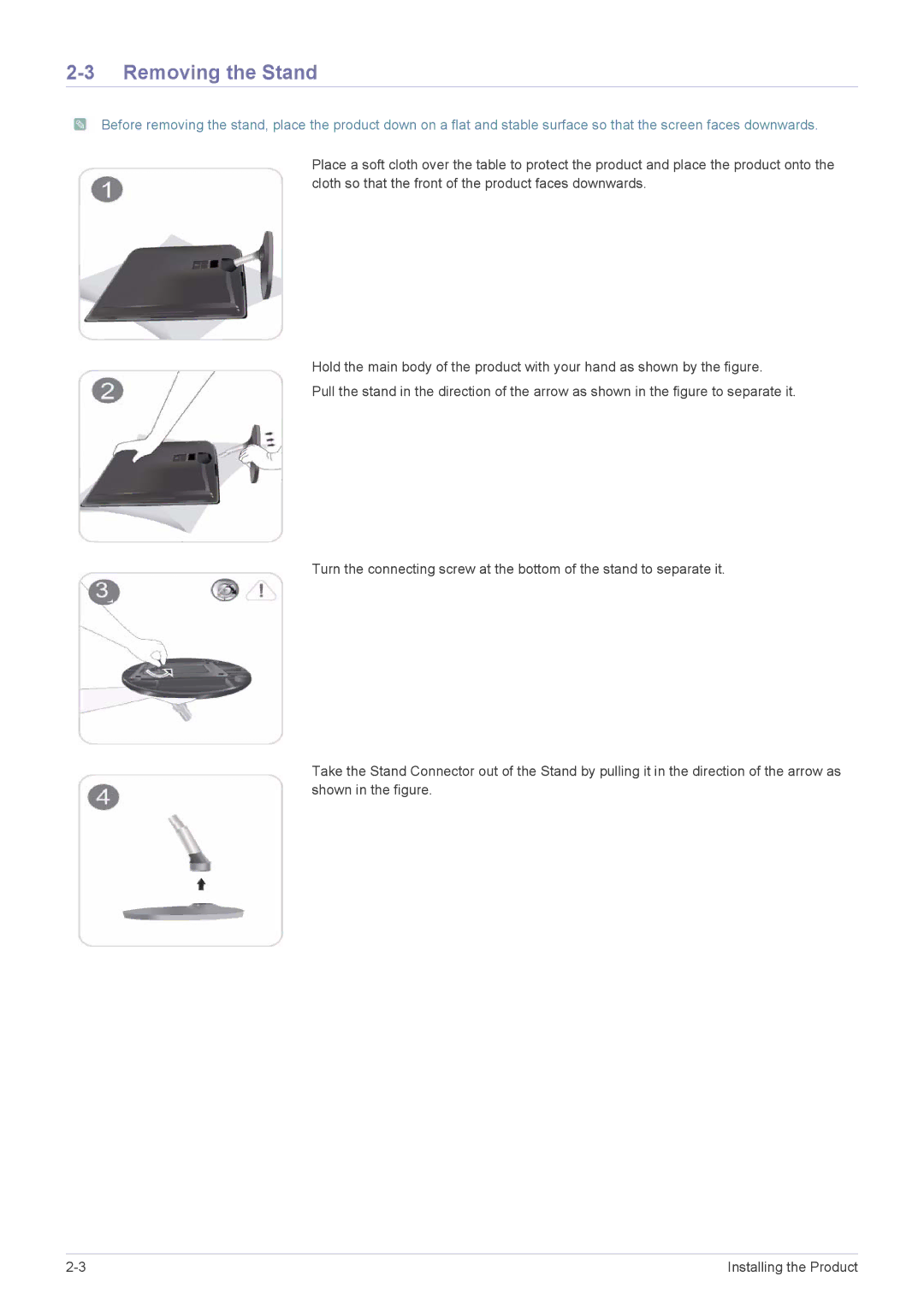 Samsung P2470H, P2370H user manual Removing the Stand 