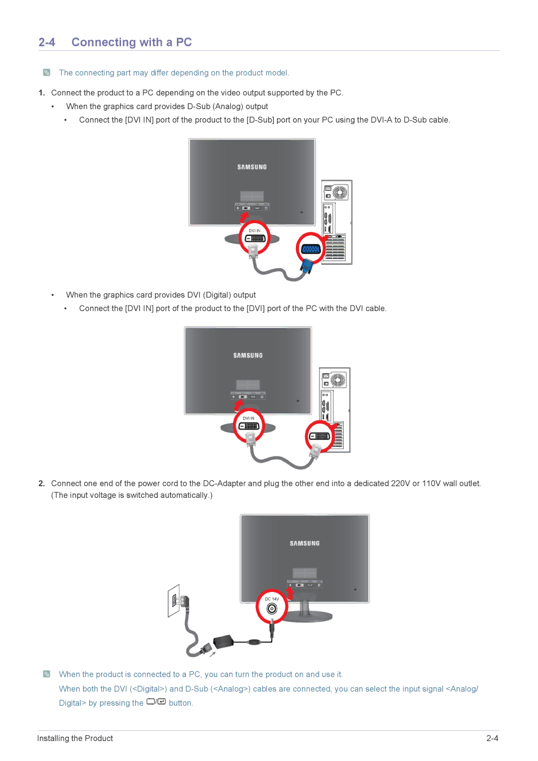 Samsung P2370H, P2470H user manual Connecting with a PC, Connecting part may differ depending on the product model 