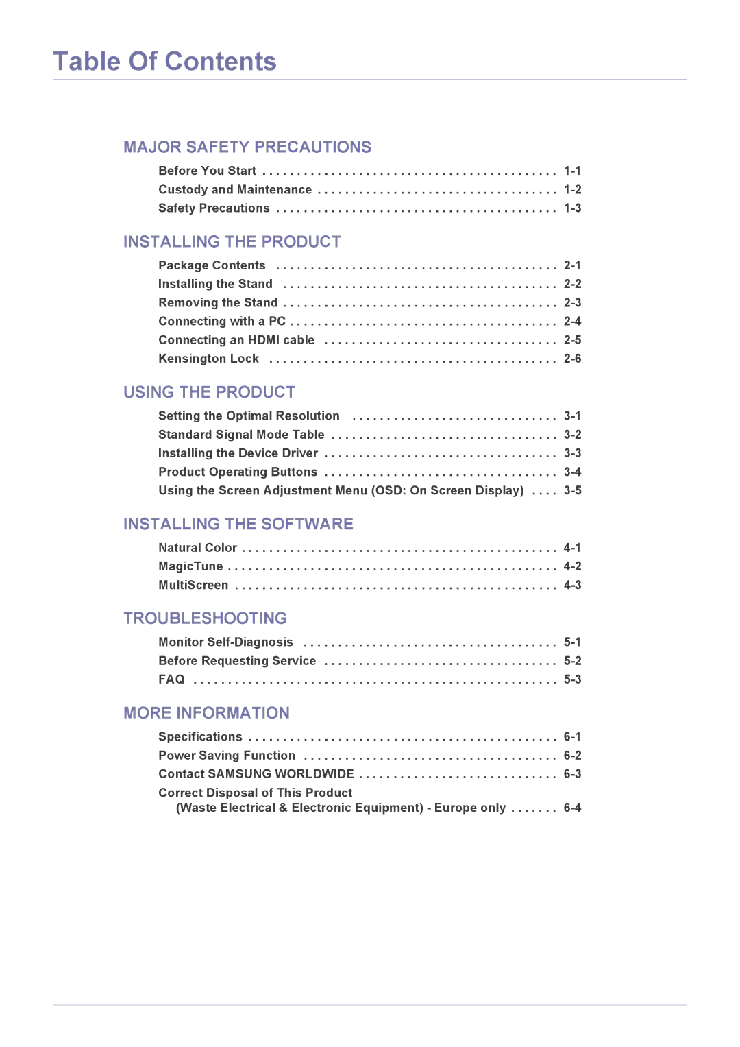 Samsung P2470H, P2370H user manual Table Of Contents 