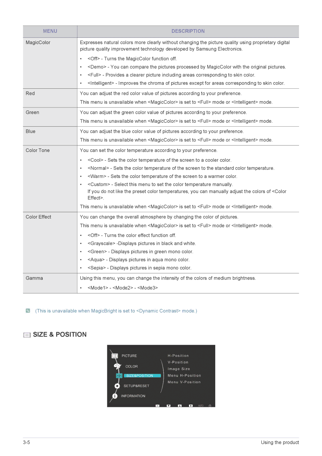 Samsung P2470H, P2370H user manual Size & Position 