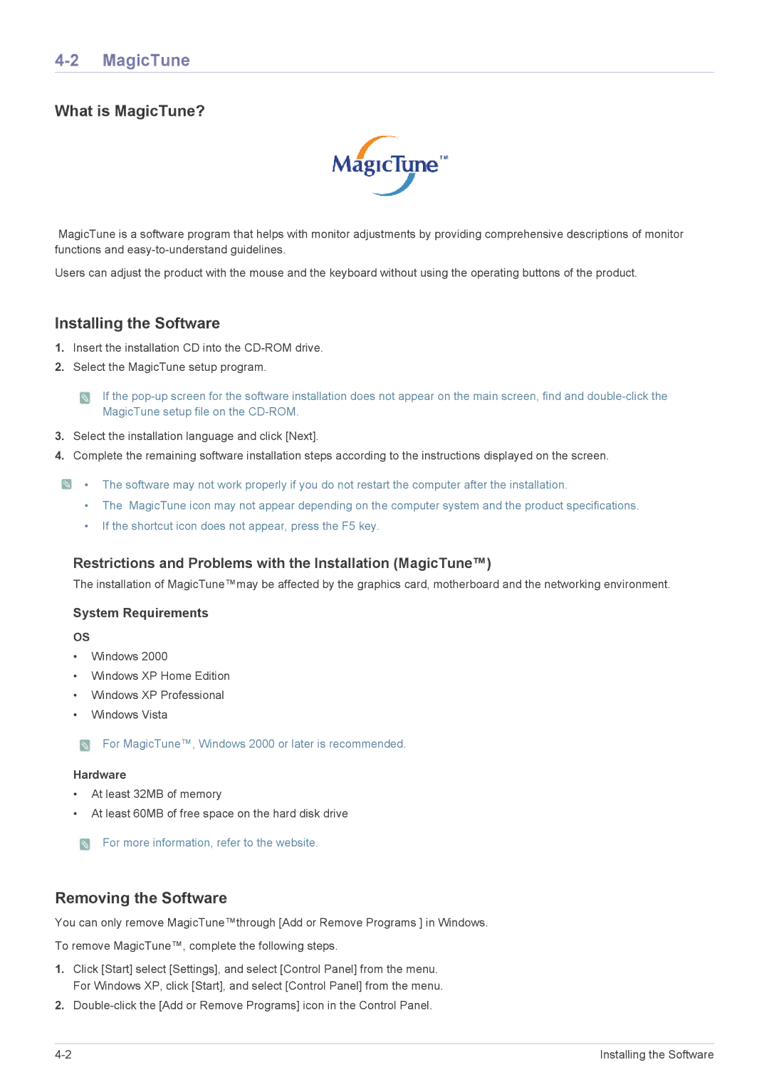 Samsung P2470H, P2370H user manual What is MagicTune?, Installing the Software, Removing the Software, Hardware 