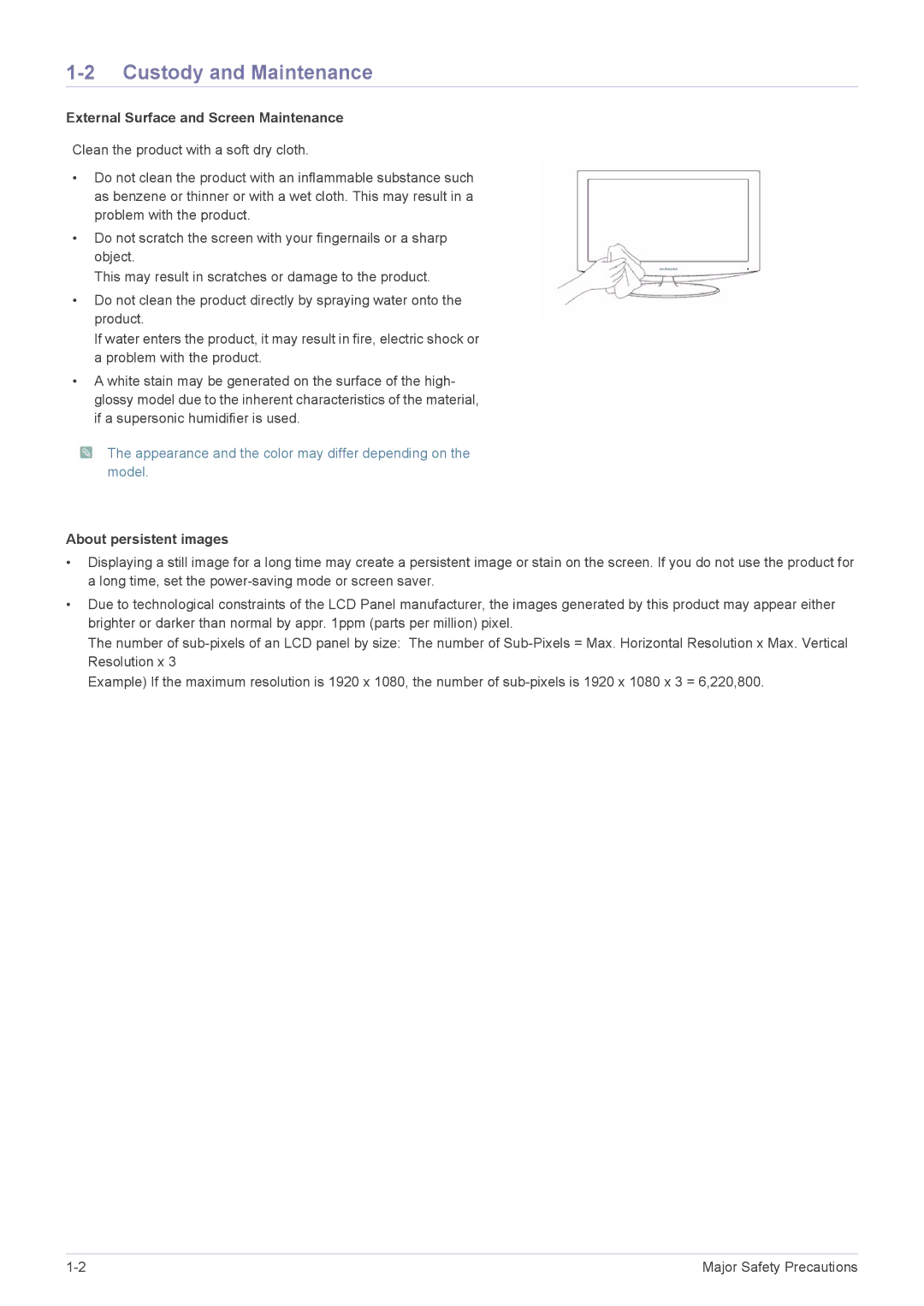 Samsung P2470H, P2370H user manual Custody and Maintenance, External Surface and Screen Maintenance, About persistent images 