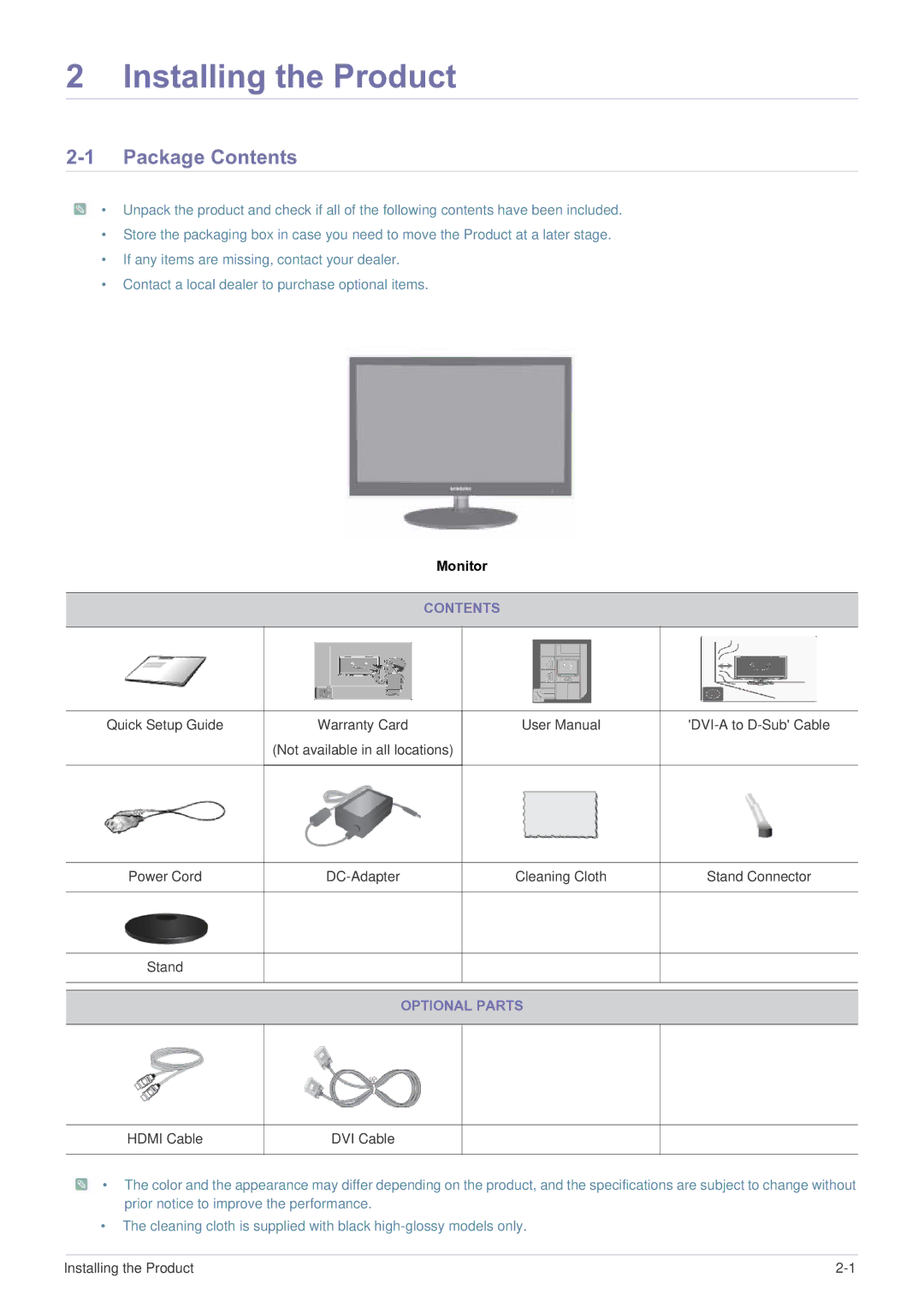 Samsung P2770FH user manual Installing the Product, Package Contents 