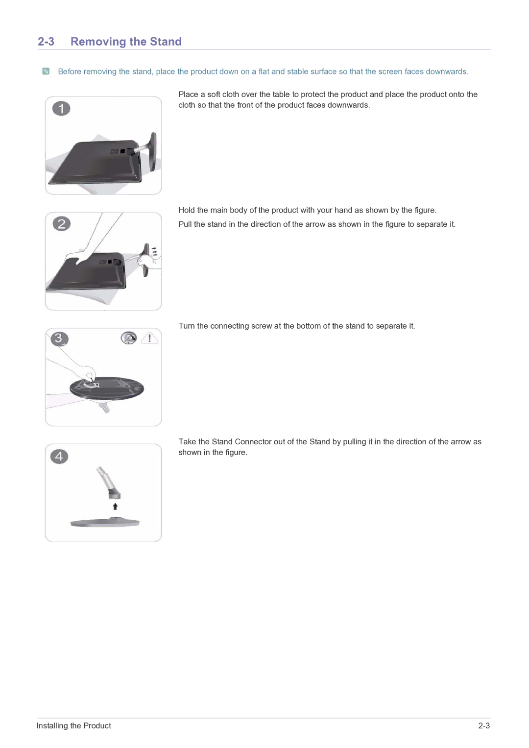 Samsung P2770FH user manual Removing the Stand 