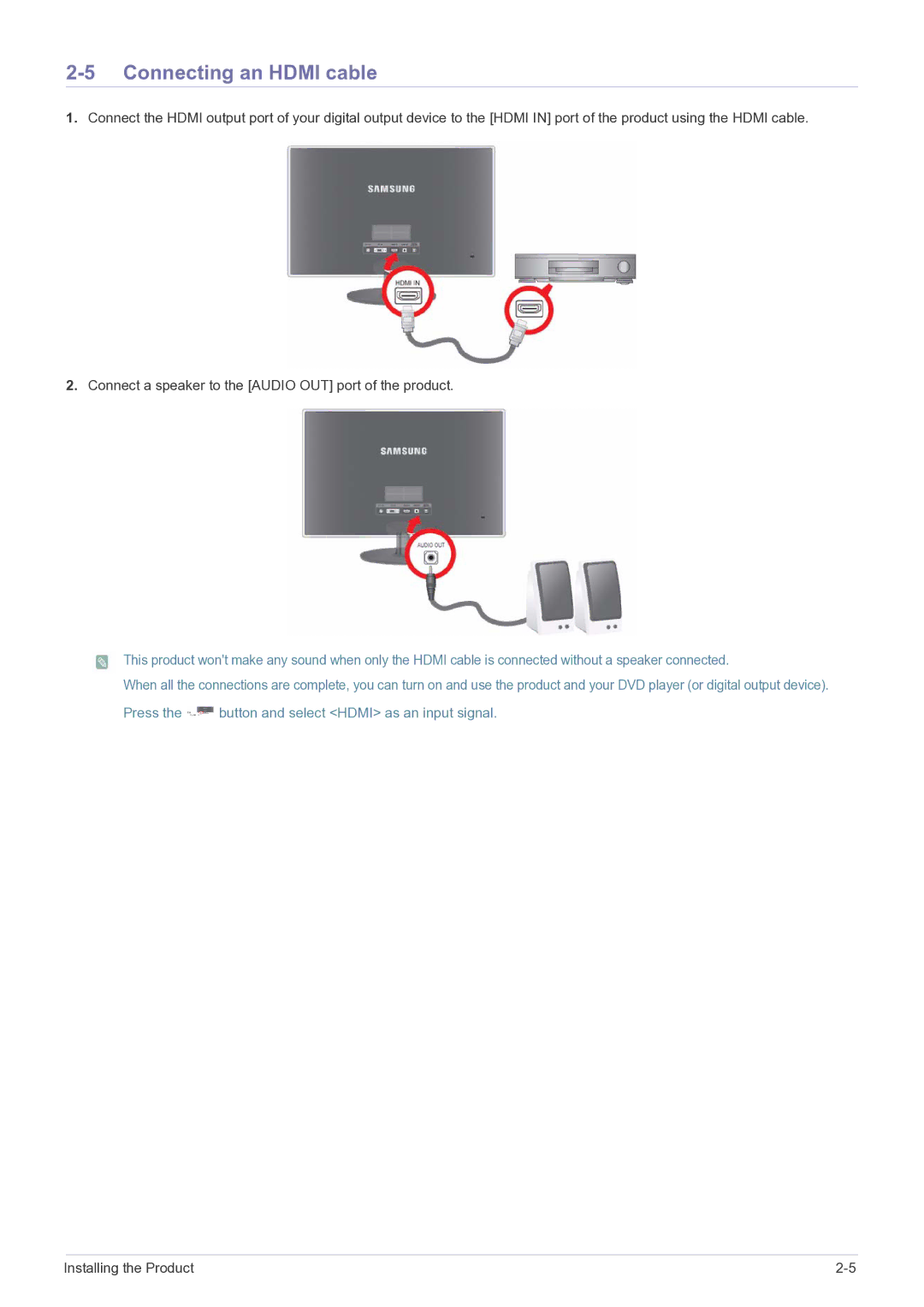 Samsung P2770FH user manual Connecting an Hdmi cable 