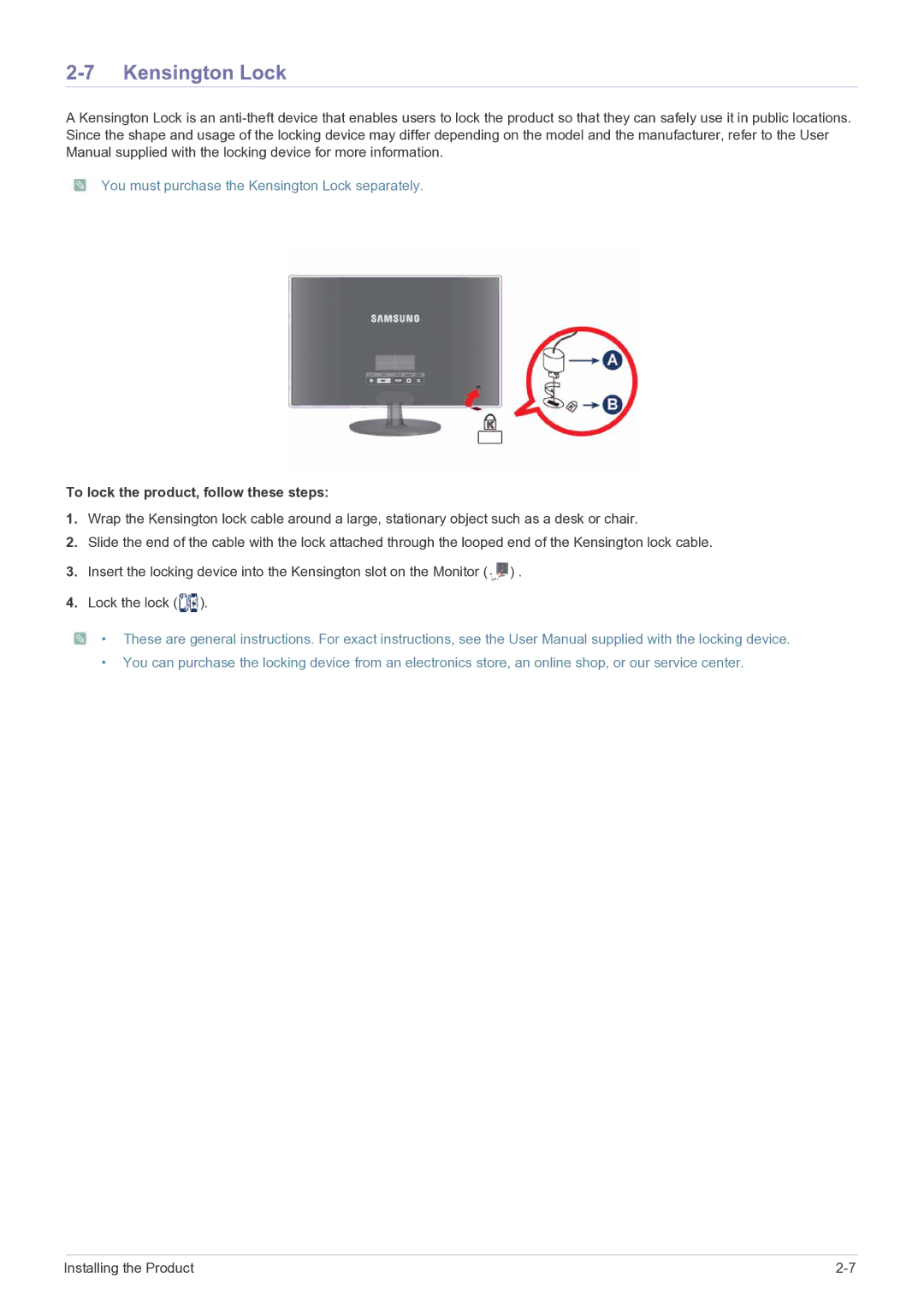 Samsung P2770FH user manual Kensington Lock, To lock the product, follow these steps 