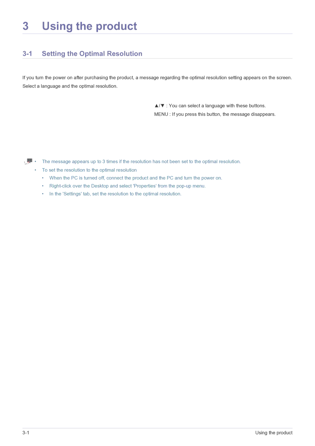 Samsung P2770FH user manual Using the product, Setting the Optimal Resolution 