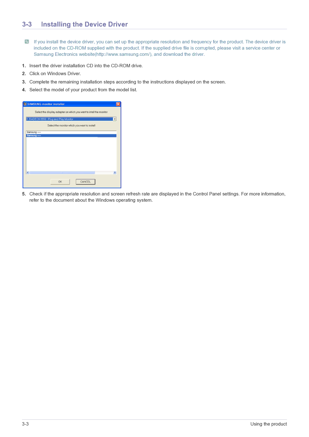 Samsung P2770FH user manual Installing the Device Driver 