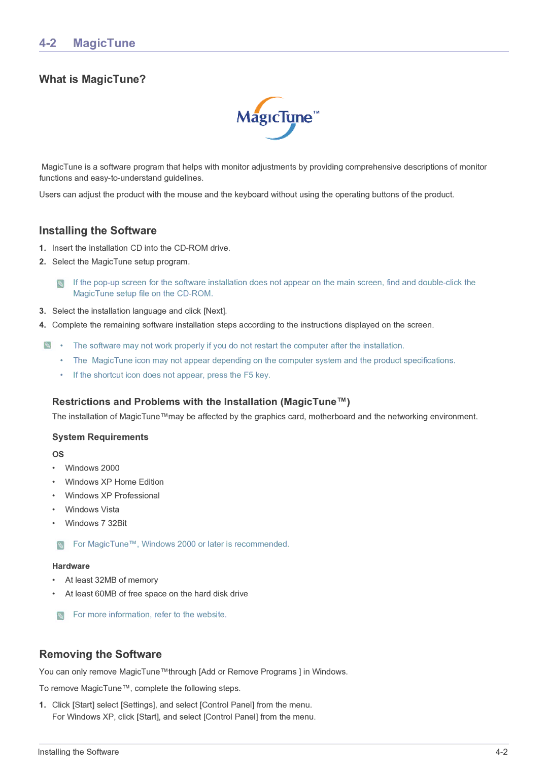 Samsung P2770FH user manual What is MagicTune?, Installing the Software, Removing the Software, Hardware 